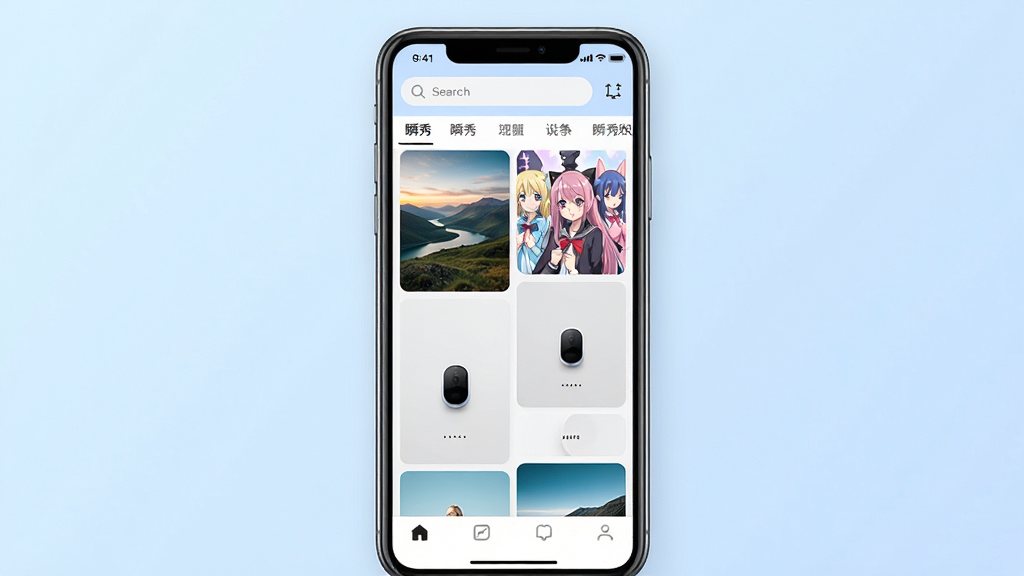 一张展示瞬秀壁纸应用界面的手机样机图,画面中央是手机屏幕,屏幕内显示瞬秀壁纸的首页瀑布流壁纸列表,包含风景、动漫、极简等多种风格缩略图,顶部有搜索栏和分类标签,底部有导航栏。背景为柔和的浅蓝色渐变,整体风格清新现代,细节清晰,画质干净,无多余元素。