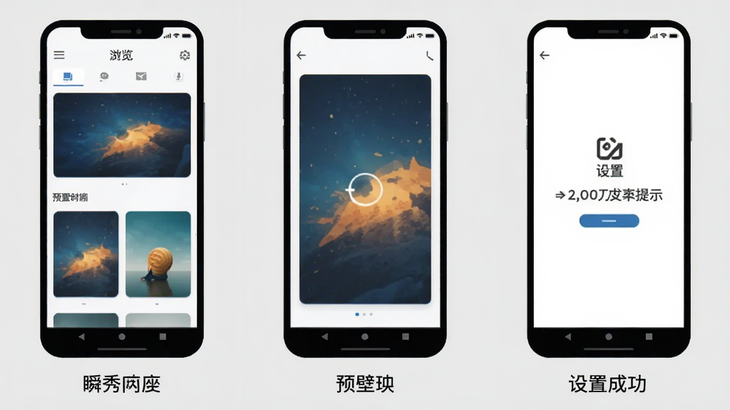 一张展示瞬秀壁纸在手机上设置壁纸操作步骤的示意图,画面分为三个小屏,从左到右依次为浏览壁纸、预览壁纸、设置成功提示,每个屏幕下方有简短文字说明。背景为浅灰色,风格扁平化,画质清晰,无多余元素。