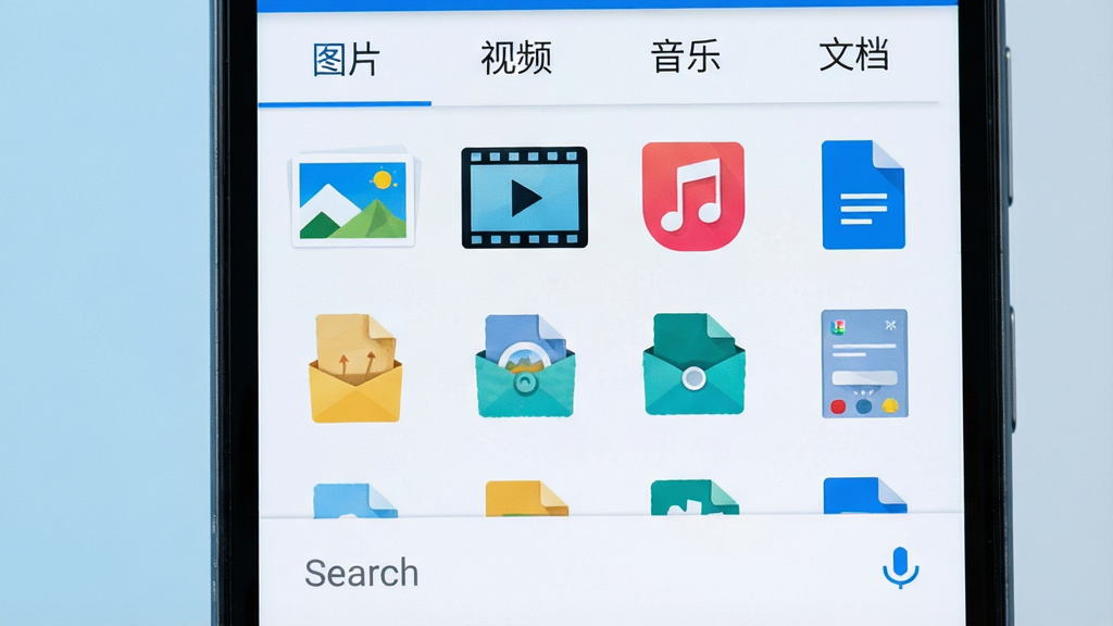 一部安卓手机屏幕特写,展示文件浏览器应用的分类界面,画面上方有