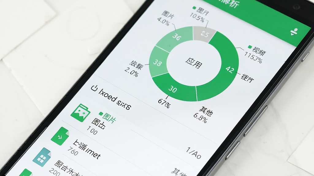 一部安卓手机屏幕显示文件浏览器的存储分析页面,画面中有环形图表展示
