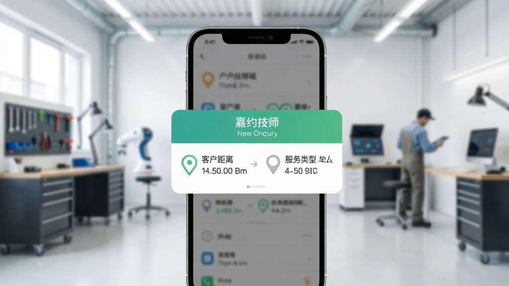 嘉约技师端实时订单推送功能展示,手机屏幕弹出新订单通知卡片,卡片上显示客户距离与服务类型,背景为明亮的工作室环境,风格简洁科技感,细节丰富,画质清晰,无多余元素