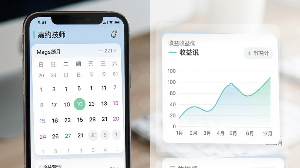 嘉约技师端日程与收益管理界面,手机屏幕展示日历视图与收益折线图,界面采用卡片式布局,配色柔和,风格清新简约,细节精致,画质干净,无多余元素