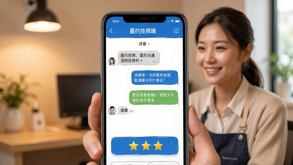 嘉约技师端客户沟通与评价界面,手机屏幕显示聊天对话框与五星评价组件,背景为温馨的服务场景,风格亲切友好,细节清晰,画质干净,无多余元素