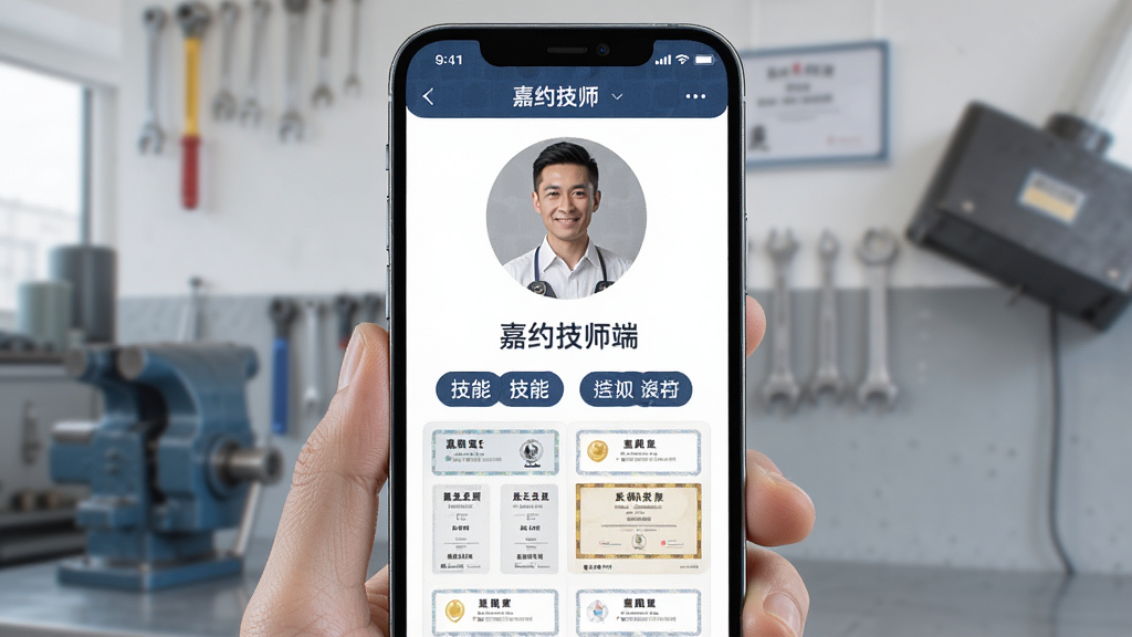 嘉约技师端个人资料与技能展示页面,手机屏幕呈现技师头像、技能标签与证书墙,布局整齐,风格专业可靠,细节丰富,画质清晰,无多余元素