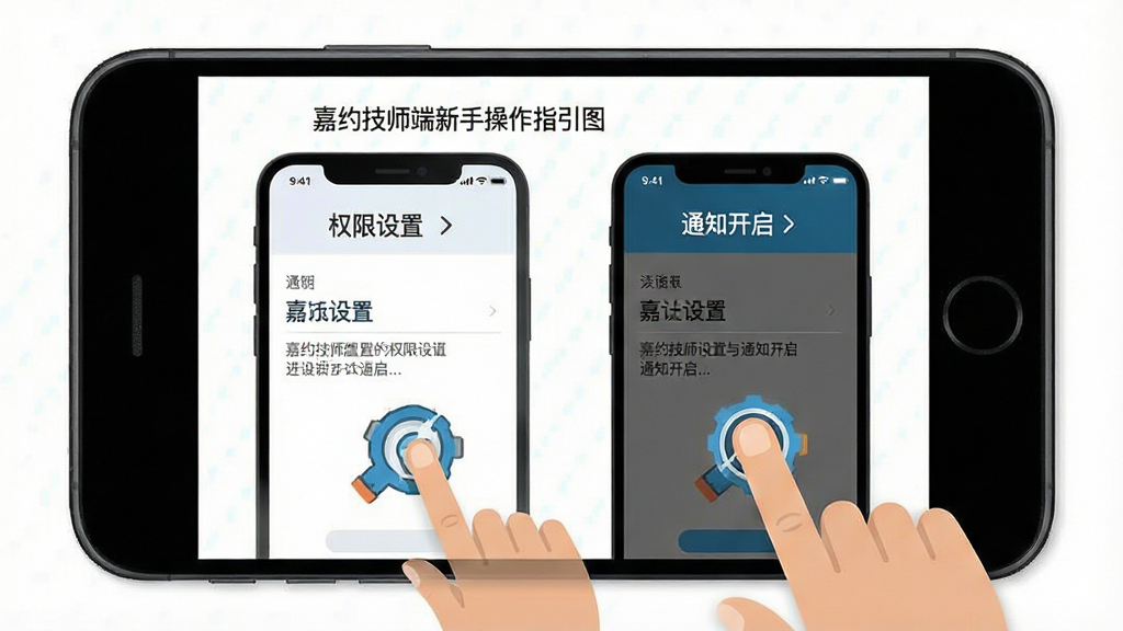 嘉约技师端新手操作指引图,手机屏幕展示权限设置与通知开启步骤,画面包含手指点击示意,风格扁平化教学,细节清晰,画质干净,无多余元素