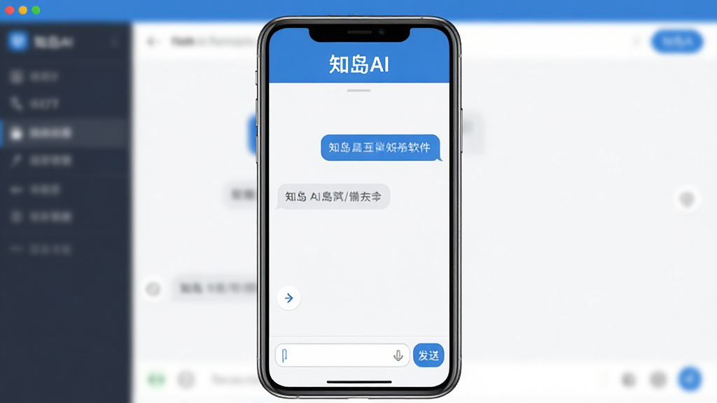 知岛AI软件主界面截图,画面中央展示手机屏幕,屏幕内呈现简洁的聊天对话界面,顶部有“知岛AI”文字标识,底部有输入框和发送按钮,整体布局清晰,风格现代简约,蓝白配色,细节干净,画质高清,无多余元素