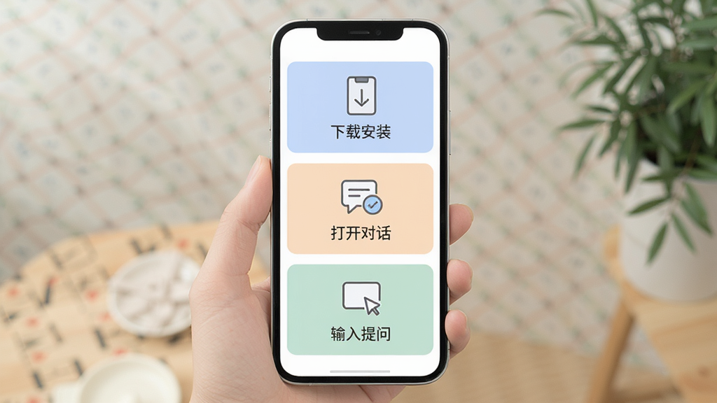 知岛AI新手使用步骤示意图,画面中一部手机竖屏展示,屏幕分为三个步骤区域,分别标注“下载安装”“打开对话”“输入提问”,每个步骤配简单图标,整体风格扁平化,色彩柔和,画质清晰,无多余装饰