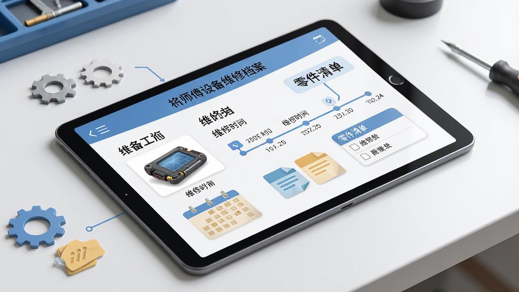 画面主体为平板电脑或手机屏幕展示机将师傅设备维修档案页面,屏幕上有设备图片、维修时间线与零件清单。布局采用斜向展示,屏幕占据画面中心,背景为简洁的工作台。风格为清爽信息图风格,细节包括齿轮图标、日历标记、文档标签,画质高清,干净无杂乱。