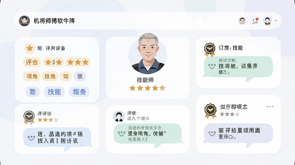 画面主体为机将师傅软件中的师傅个人主页界面,展示技能标签、评分星级与用户评价。布局采用卡片式排列,多个信息模块错落有致。风格为柔和圆角扁平风,细节包括五角星评分、技能徽章、评价气泡,画质清晰,干净整洁,无多余元素。
