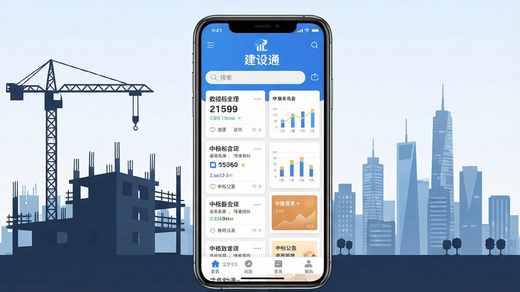 建设通APP主界面全貌展示,手机屏幕居中显示,屏幕内呈现建筑行业招投标信息列表与中标公告卡片,背景为现代建筑工地剪影与城市天际线,布局简洁清晰,排版突出软件名称“建设通”,风格为扁平化科技感,细节包含搜索框、数据图表与导航栏,画质高清,干净,无多余元素