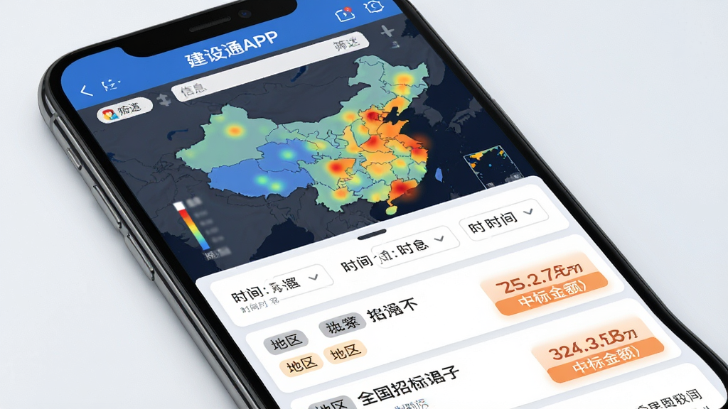 建设通APP内全国招投标信息聚合界面,手机屏幕中显示中国地图热力分布与招标信息列表,布局采用上下结构,上方为地图筛选区,下方为信息流卡片,风格为商务科技感,细节包含地区标签、时间筛选器与中标金额高亮,画质高清,干净,无多余元素