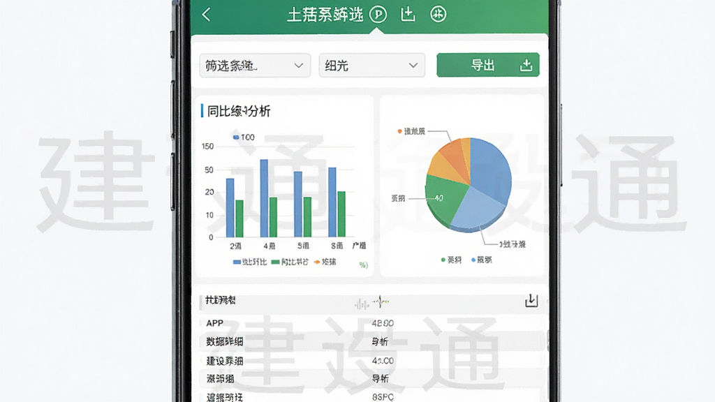 建设通APP中标数据统计分析页面,手机屏幕中展示柱状图与饼状图,布局为上下滚动式,上方为筛选条件,中部为图表区域,下方为数据明细列表,风格为简约商务,细节包含“建设通”软件名称水印、同比环比标注与导出按钮,画质高清,干净,无多余元素