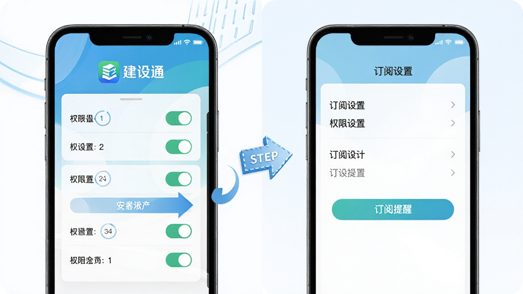 建设通APP使用教程示意图,手机屏幕中显示安装权限设置与订阅提醒界面,布局为左右分栏,左侧为权限开关列表,右侧为订阅设置面板,风格为清新浅色,细节包含“建设通”图标、步骤序号与箭头指引,画质高清,干净,无多余元素