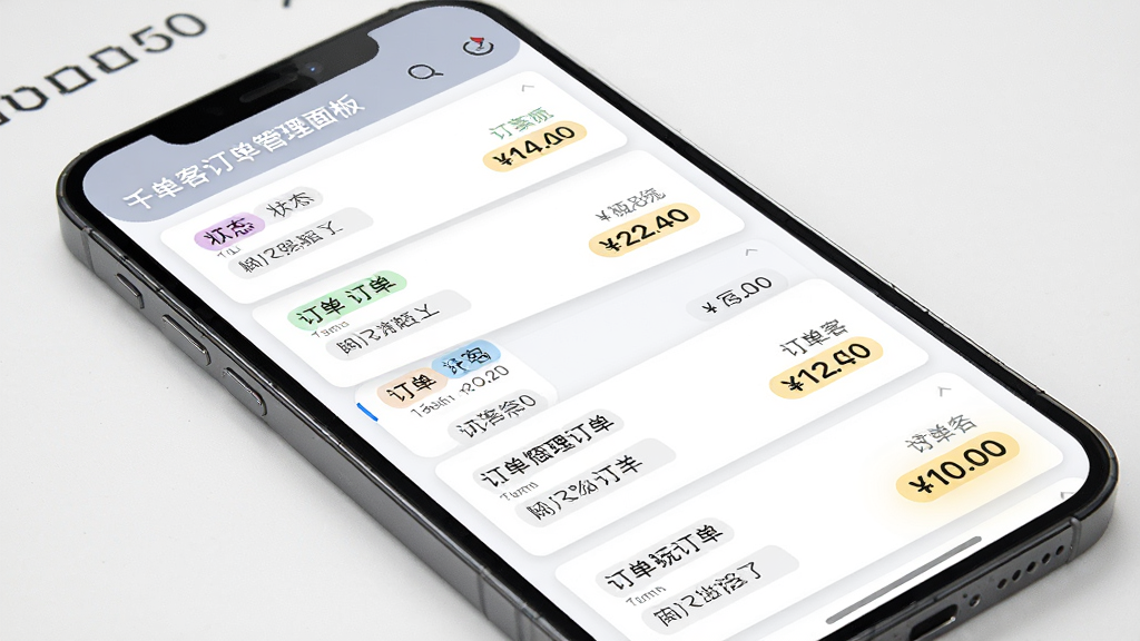 千单客订单管理面板界面,主体为手机屏幕展示订单列表,布局为纵向卡片式排列,排版整齐,风格商务简洁,细节包括状态标签颜色区分和金额数字高亮,画质清晰,干净,无多余元素