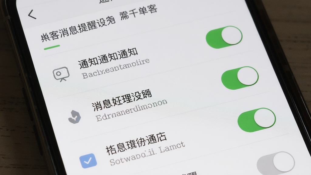 千单客消息提醒设置界面,主体为手机屏幕展示通知开关选项,布局为列表式排列,排版规整,风格素雅极简,细节包括开关按钮和图标说明,画质清晰,干净,无多余元素