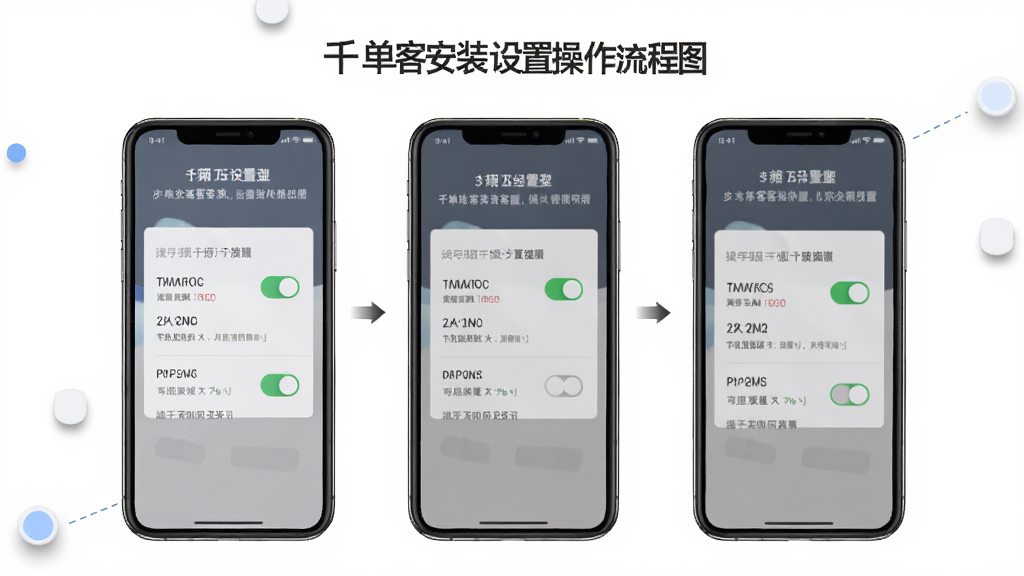 千单客安装设置操作流程图,主体为手机屏幕展示权限设置页面,布局分步骤展示,排版清晰,风格简约商务,细节包括权限开关和提示文字,画质清晰,干净,无多余元素