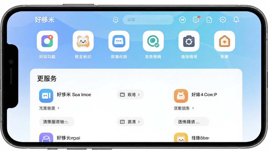 主体是好哆米软件主界面,布局为上下结构,上方展示功能入口图标,下方展示服务列表,排版整齐居中,风格为清新简约扁平化,细节包括圆角图标、柔和渐变背景、手机屏幕外框,画质高清干净无多余元素
