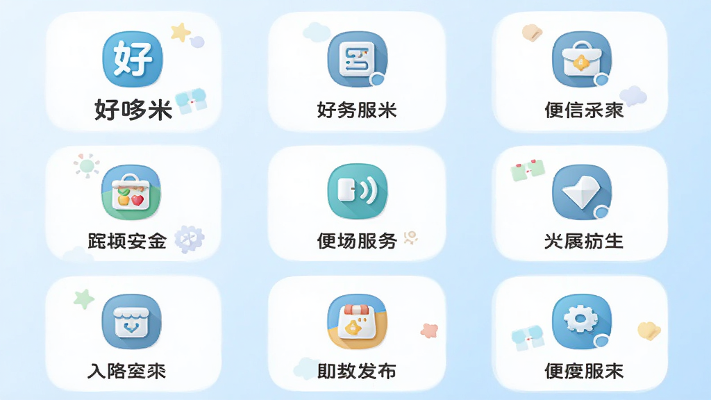 主体是好哆米便民服务功能展示图,布局为九宫格图标排列,排版均匀对称,风格为清爽浅色系,细节包括每个图标配有简短文字标签、背景为淡蓝色渐变,画质高清干净无多余元素,图中文字“好哆米”