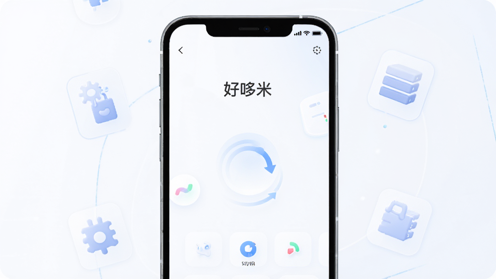 主体是好哆米软件运行界面,布局为手机屏幕居中展示,排版简洁,风格为科技感浅色,细节包括流畅的加载动画、轻盈的界面元素、手机周围有存储空间图标,画质高清干净无多余元素,图中文字“好哆米”