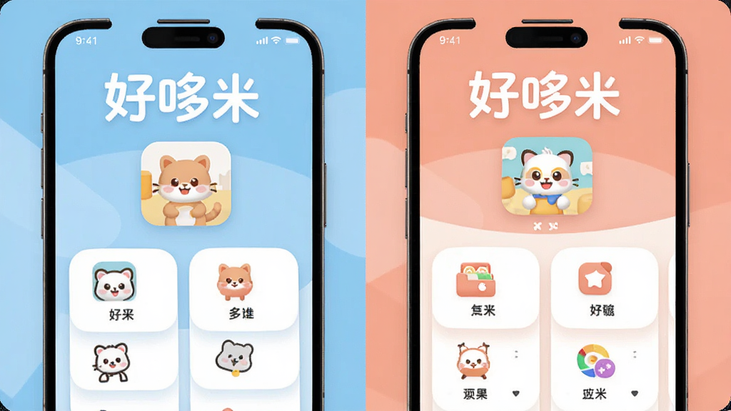 主体是好哆米应用界面设计展示,布局为左右对比展示新旧界面,排版整齐,风格为扁平化设计,细节包括柔和配色、大字号标签、清晰图标、圆角卡片,画质高清干净无多余元素,图中文字“好哆米”