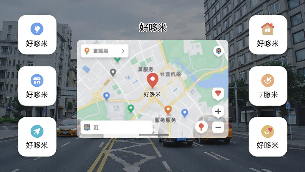 主体是好哆米本地服务地图界面,布局为地图居中、周边服务图标环绕,排版层次分明,风格为现代简约,细节包括定位标记、服务分类标签、城市街景背景,画质高清干净无多余元素,图中文字“好哆米”