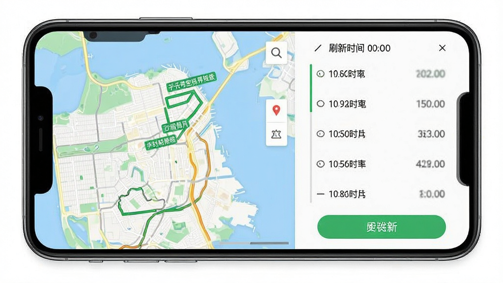 手机号定位追踪寻人软件实时刷新功能示意图,画面主体为手机屏幕显示地图轨迹与时间轴,布局为左右分栏,左侧是地图,右侧是刷新时间列表,排版整齐,风格为简约商务风,细节包括绿色轨迹线、时间戳标签、刷新按钮,画质高清,画面干净,无多余元素