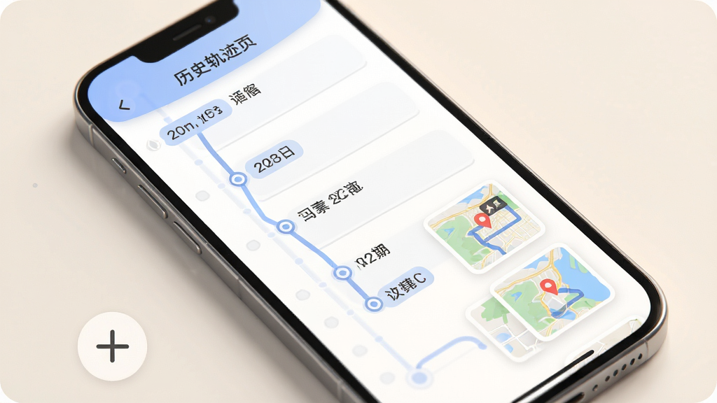 手机号定位追踪寻人软件历史轨迹页面,画面主体为手机展示时间轴与地图路线,布局为纵向列表加地图缩略图,排版清晰,风格为柔和圆角设计,细节包含日期标签、路线节点、地图缩略图,画质高清,画面干净,无多余元素