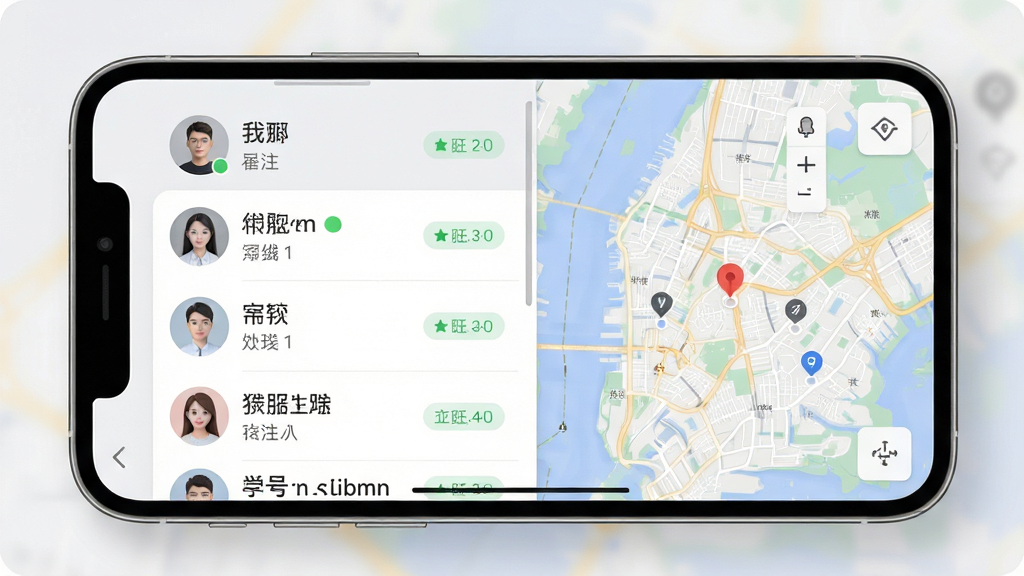 手机号定位追踪寻人软件多号码管理界面,画面主体为手机屏幕显示联系人列表与地图,布局为左侧列表右侧地图,排版规整,风格为浅灰质感设计,细节包括头像图标、备注名称、在线状态标签,画质高清,画面干净,无多余元素
