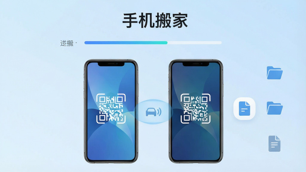 手机搬家软件主界面截图,画面中央展示两台手机通过扫码建立连接,界面顶部有“手机搬家”文字标识,背景为浅蓝色渐变,风格简洁科技感,细节包含进度条与文件图标,画质清晰,干净无多余元素
