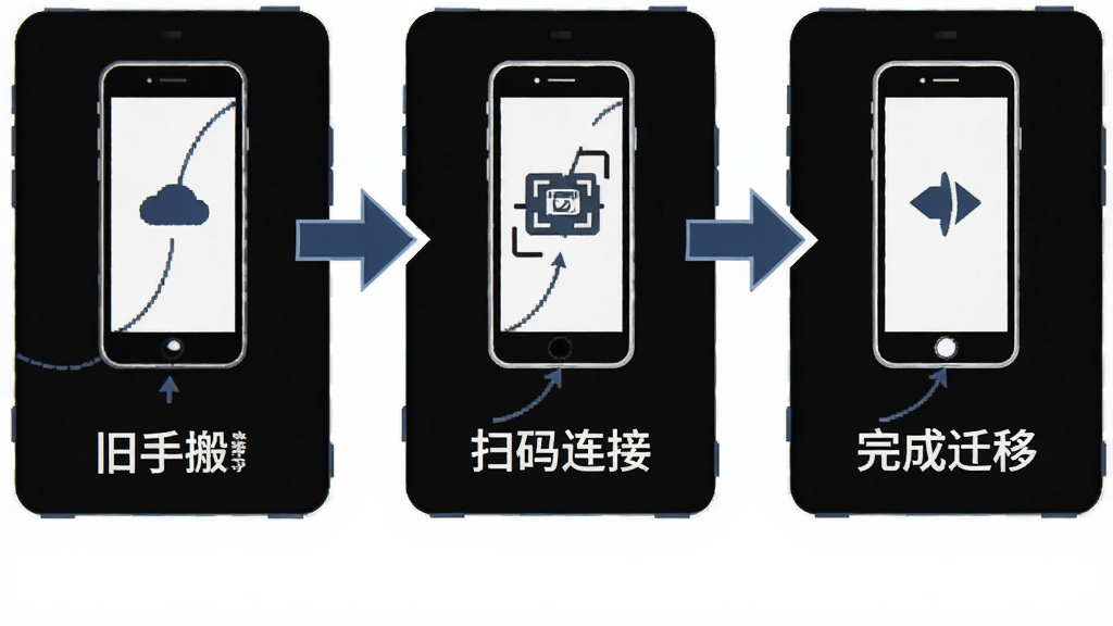 手机搬家换机操作流程图,画面以流程图形式展示旧手机发送、新手机接收、扫码连接、数据传输、完成迁移五个步骤,每个步骤配有手机图标与文字说明,风格简洁商务,背景为白色,细节有箭头引导,画质清晰,干净无多余元素
