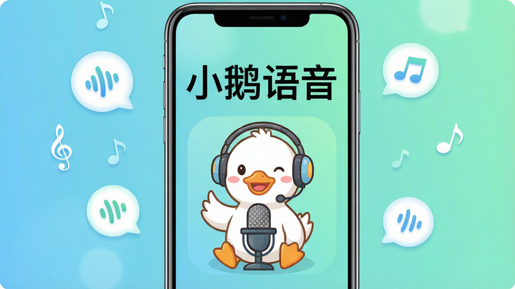 一张简洁明亮的手机应用展示图,画面中央是一部现代智能手机,手机屏幕上显示“小鹅语音”四个大字和一只可爱的卡通小鹅图标,小鹅戴着耳机坐在麦克风前,背景是柔和的蓝绿色渐变,周围漂浮着几个圆形的语音气泡和音符符号,整体风格清新活泼,画质清晰干净,无多余元素,适合作为软件下载站预览图