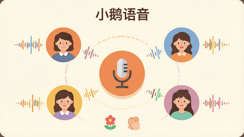 一张展示多人语音房间界面的插画,画面中有六个圆形头像围绕一个中央麦克风图标排列,每个头像旁边有彩色声波线条表示正在说话,界面顶部写着“小鹅语音”字样,底部有送花和鼓掌的小图标,整体布局对称、色彩温暖,风格为扁平化UI插画,画质细腻,干净无杂乱元素