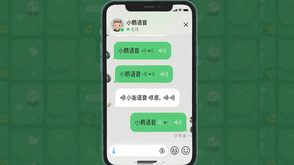 一张展示即时聊天界面的手机截图风格插画,画面中显示“小鹅语音”聊天窗口,左侧和右侧分别有绿色和白色的聊天气泡,气泡内有文字和语音条图标,顶部显示联系人昵称和在线状态,底部有输入框和表情按钮,整体色调清爽,排版规整,画质干净,适合软件功能介绍配图
