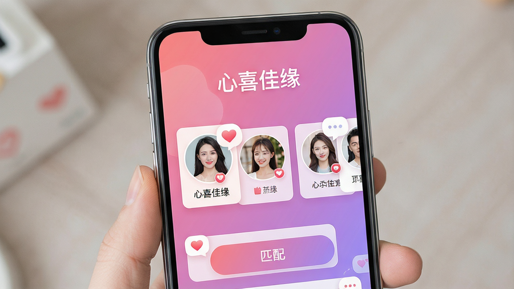 一张手机屏幕展示心喜佳缘应用主界面,画面中央是粉紫色渐变背景,顶部显示“心喜佳缘”文字标识,下方排列着用户头像卡片和匹配按钮,整体风格温馨柔和,布局简洁清晰,细节上带有心形图标和消息气泡,画质高清干净,无多余元素