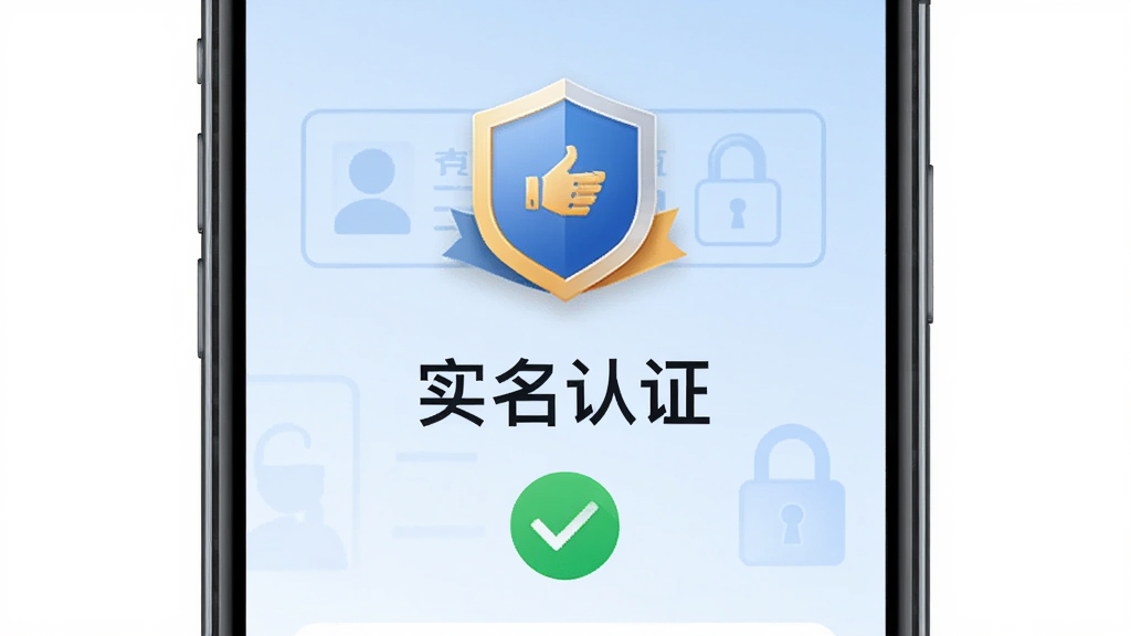 心喜佳缘实名认证页面,手机屏幕中显示认证徽章和盾牌图标,背景为浅蓝色渐变,画面中央有“实名认证”字样和绿色对勾标识,布局居中对称,风格简洁安全,细节包括证件轮廓和加密锁图形,画质清晰干净,无多余元素