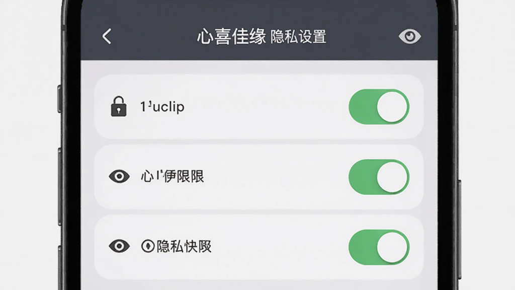 心喜佳缘隐私设置页面,手机屏幕中显示多个开关按钮和权限选项,背景为浅灰色,布局纵向列表,风格沉稳专业,细节包含锁形图标和眼睛图标,画质干净利落,无多余元素