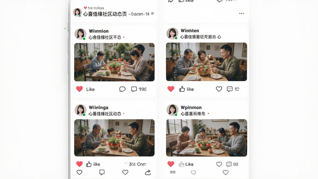 心喜佳缘社区动态页面,手机屏幕中显示瀑布流照片和文字动态,每条动态下方有点赞和评论图标,背景为白色,布局两列排列,风格简约明快,细节包含心形点赞按钮和用户头像,画质清晰干净,无多余元素