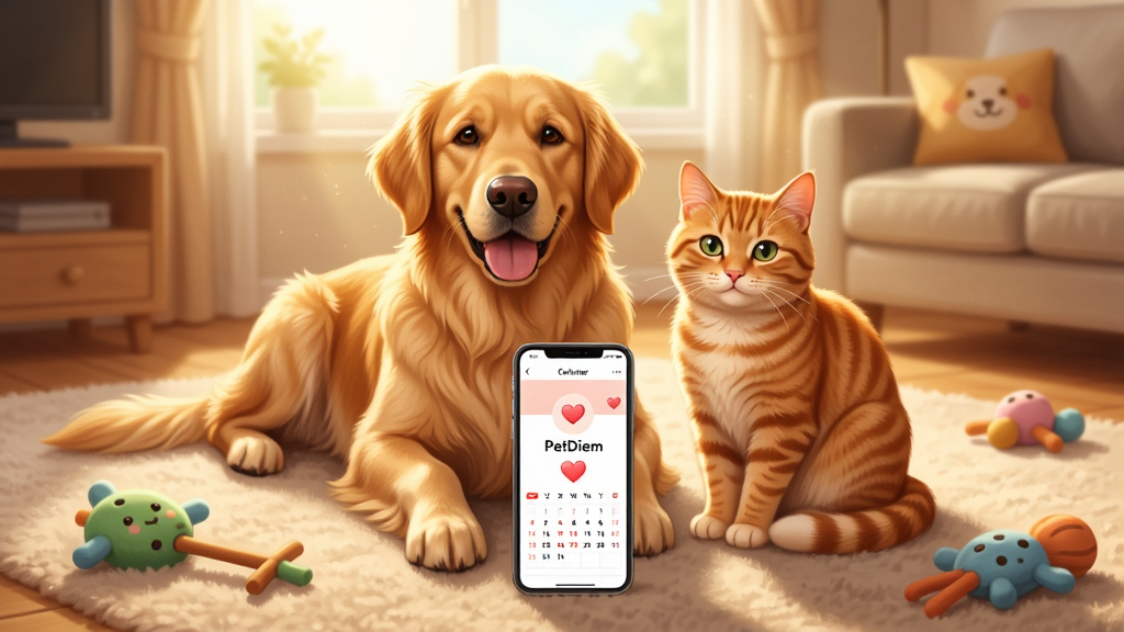 主体是一只金毛犬和一只橘猫坐在客厅地毯上,旁边放着手机,手机屏幕上显示着宠物日历和爱心图标,布局采用中心构图,排版将宠物与手机并排放置,风格为温馨写实插画,细节包括阳光从窗户洒入、地面有宠物玩具,画质清晰干净,画面中打文字“PetDiem”,无多余元素