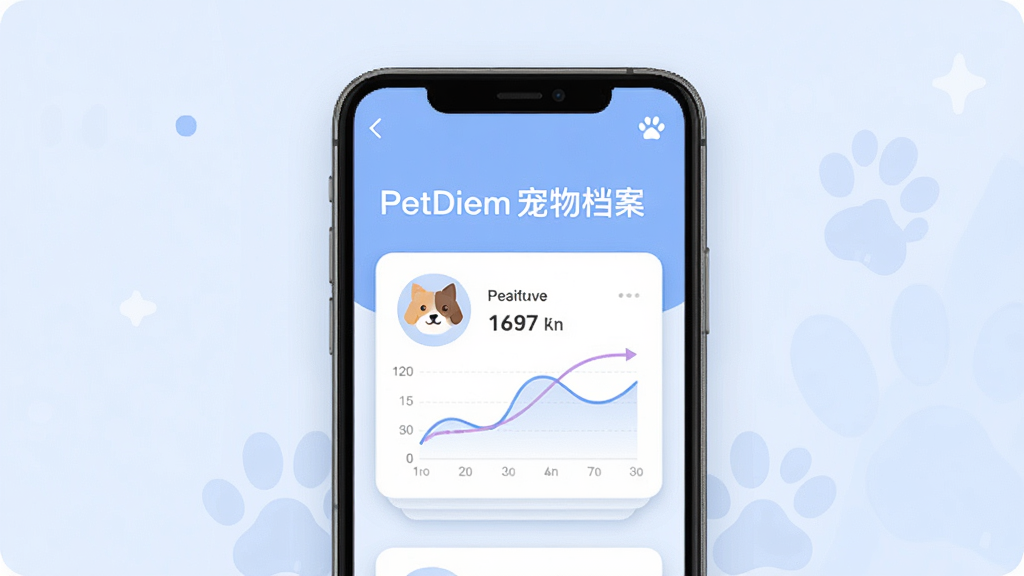 主体是一部智能手机,屏幕上显示宠物档案卡片,卡片上有猫狗头像和体重数据曲线,布局为手机居中,排版上方有标题文字“PetDiem宠物档案”,风格为现代扁平化UI设计,细节包括柔和的蓝色背景和白色卡片阴影,画质高清干净,无多余元素