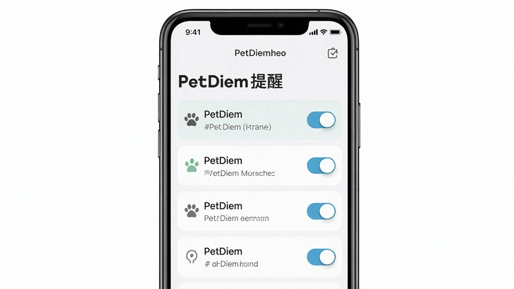 主体是手机屏幕显示PetDiem提醒设置界面,布局为手机居中,排版上方有标题“PetDiem提醒”,风格为扁平化设计,细节包括多个提醒条目和开关按钮,画质清晰干净,无多余元素