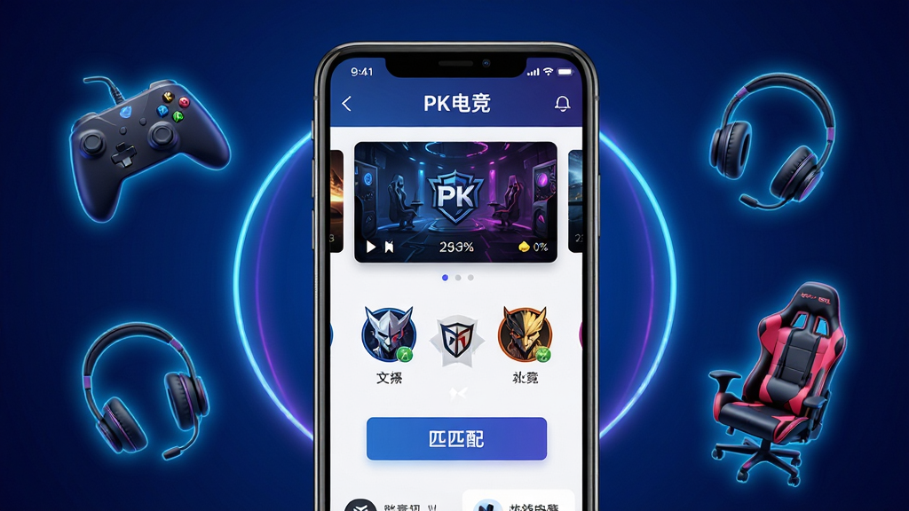 画面中央放置一部智能手机,手机屏幕上显示“PK电竞”应用主界面,界面包含赛事直播卡片、战队头像、对战匹配按钮等元素。手机两侧漂浮游戏手柄、耳机、电竞椅等图标。背景为深蓝色渐变电竞风格,带霓虹光效。整体布局左右对称,风格科技感强,细节清晰,画质高清,干净无多余元素。