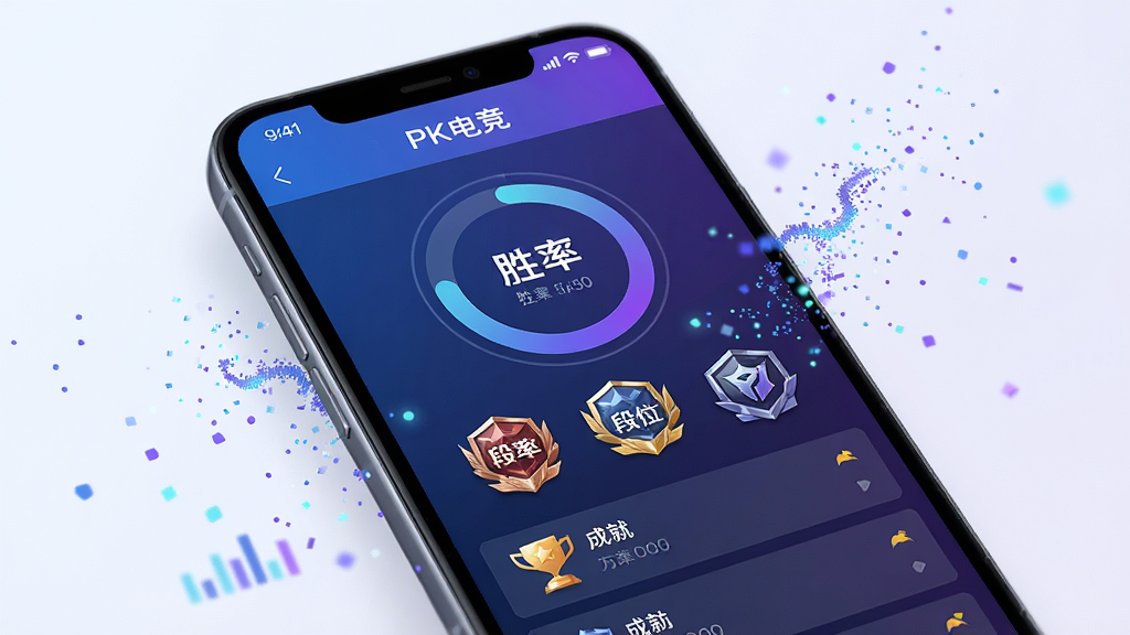 手机屏幕特写,显示“PK电竞”个人战绩页面,包含胜率圆环图、段位徽章、成就列表。屏幕周围有数据粒子飘散。风格为科技感UI展示,布局居中,色彩以蓝紫为主,细节清晰,画质高清,干净无多余元素。