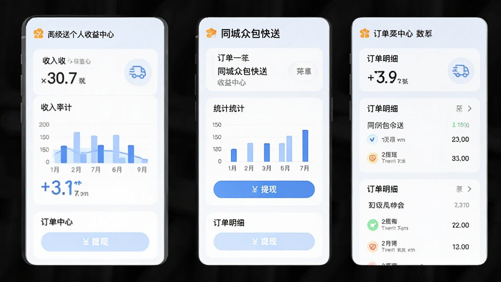画面展示同城众包快送个人收益中心页面,布局为纵向卡片式排列,风格为柔和浅色商务风,细节包含收入数字、柱状统计图、提现按钮、订单明细列表,画面中带有“同城众包快送”文字标识,画质高清,干净,无多余元素