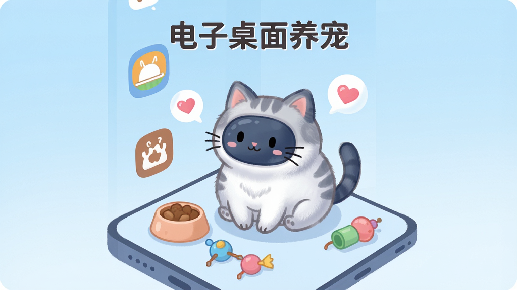 一张展现手机桌面场景的插画,画面中央是一只圆润可爱的卡通电子宠物猫坐在手机屏幕桌面角落,周围环绕着食物碗、小玩具和爱心气泡,背景是柔和的浅蓝色渐变,整体风格为扁平治愈系插画,布局简洁,排版居中,细节包括宠物毛发的柔和纹理和桌面上摆放的图标,画质清晰干净,无多余元素,画面中带有文字“电子桌面养宠”