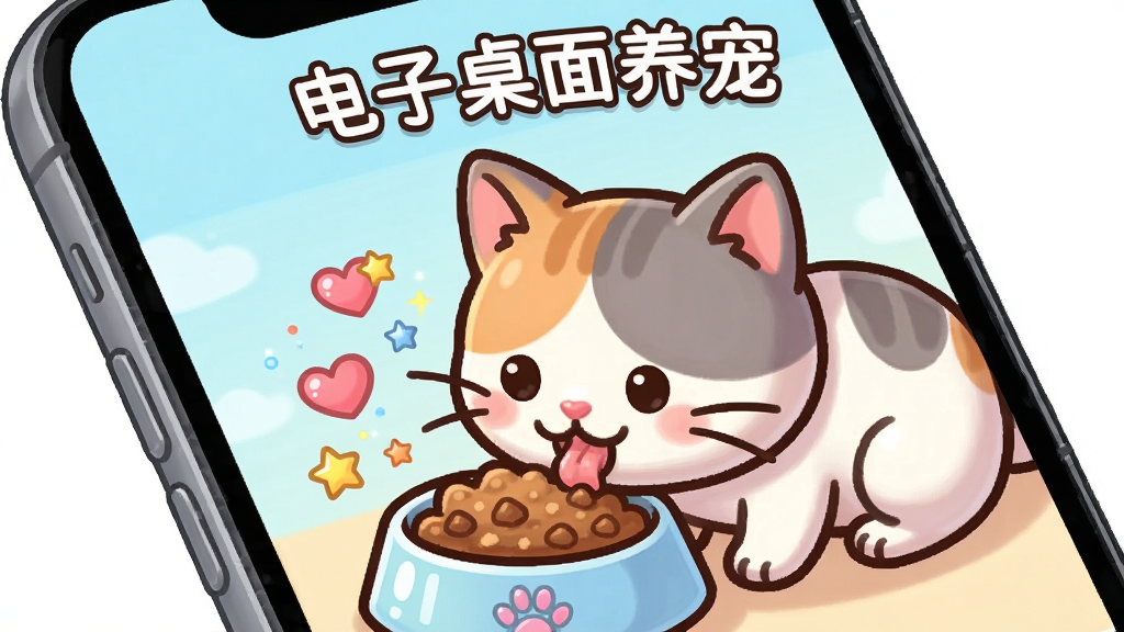 卡通风格的手机屏幕界面展示,一只电子宠物猫正在吃碗里的食物,旁边有爱心和星星特效,界面布局简洁,上方有“电子桌面养宠”标题文字,风格清新可爱,细节包括食物颗粒和猫咪胡须的刻画,画质细腻,无多余装饰元素