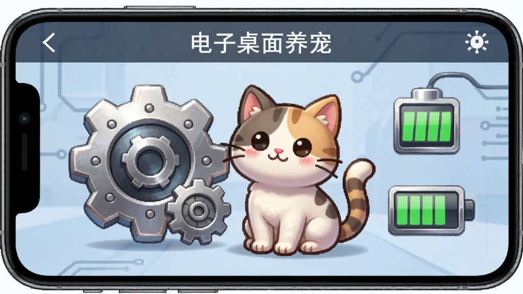 手机屏幕显示电子桌面养宠的设置界面,一只卡通宠物猫坐在齿轮和电池图标旁边,画面风格为科技感与可爱风结合,布局清晰,细节包括齿轮的金属质感和电池的电量标识,画质干净,带有“电子桌面养宠”文字