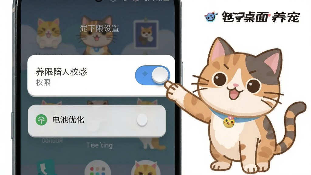 一部安卓手机屏幕展示电子桌面养宠的权限设置页面,画面中有悬浮窗权限开关和电池优化选项,一只卡通宠物猫在旁边指着开关,风格为扁平化UI插画,布局清晰,细节包括开关的立体感和宠物表情,画质干净,带有“电子桌面养宠”文字