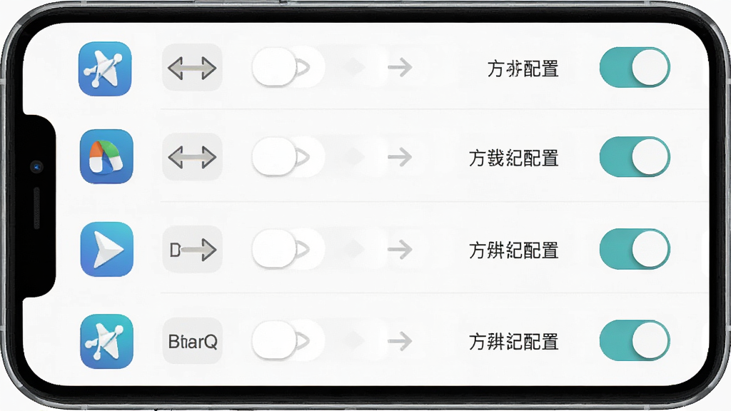一张展示屏幕方向管家应用独立配置界面的图片,主体是手机屏幕上列出多个应用图标和对应的方向设置选项,布局为列表式排列,排版整齐,风格为清新扁平化,细节包括应用图标、方向箭头、开关按钮,画质高清,干净,无多余元素