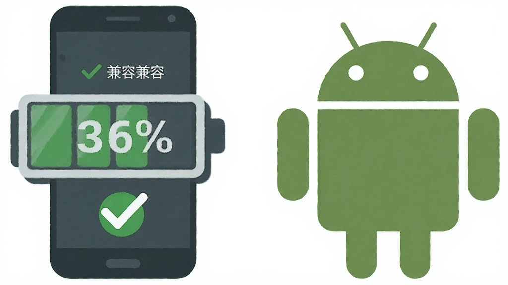 一张展示屏幕方向管家省电与兼容性的图片,主体是手机电池图标和安卓机器人标志,布局为电池与安卓标志并列,排版简洁,风格为图标化设计,细节包括电量百分比、兼容勾选标记,画质高清,干净,无多余元素