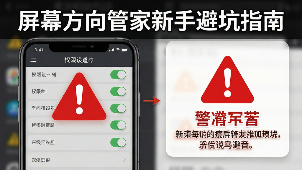 一张展示屏幕方向管家新手避坑指南的图片,主体是手机屏幕显示权限设置界面和警告图标,布局为权限列表与警告提示并列,排版清晰,风格为警示风格,细节包括权限开关、红色感叹号、文字说明,画质高清,干净,无多余元素